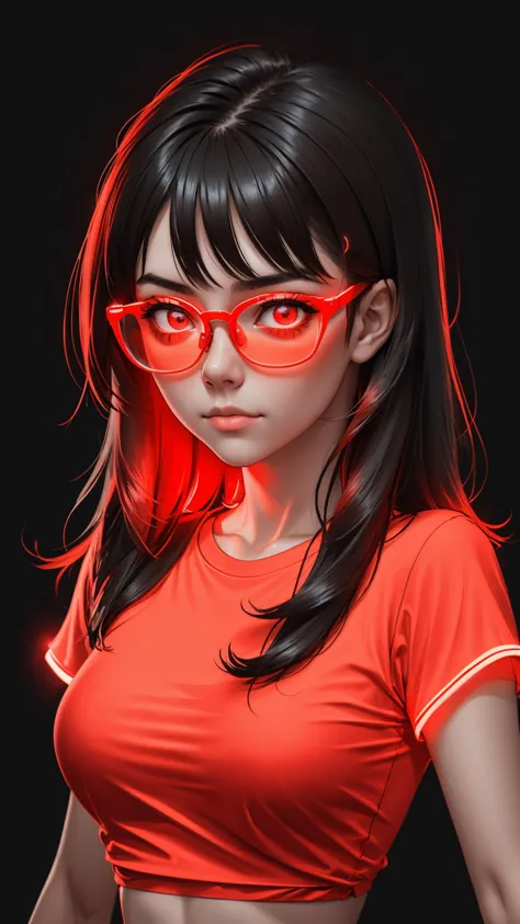 ((glowing-neon-red-shirt)), (glowing-neon-red-glasses), upper body portrait, 1girl, midriff, fit girl, <lora:lukethighwalkerneon...