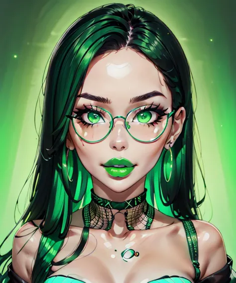 a woman with green hair and glasses is wearing a green dress