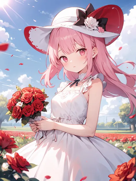 (masterpiece, best quality), 1girl, flower, solo, dress, holding, sky, cloud, hat, outdoors, bangs, bouquet, rose, expressionless, blush, pink hair, flower field, red flower, pink eyes, white dress, looking at viewer, midium hair, holding flower, small breasts, red rose, holding bouquet, sun hat, white headwear, depth of field,