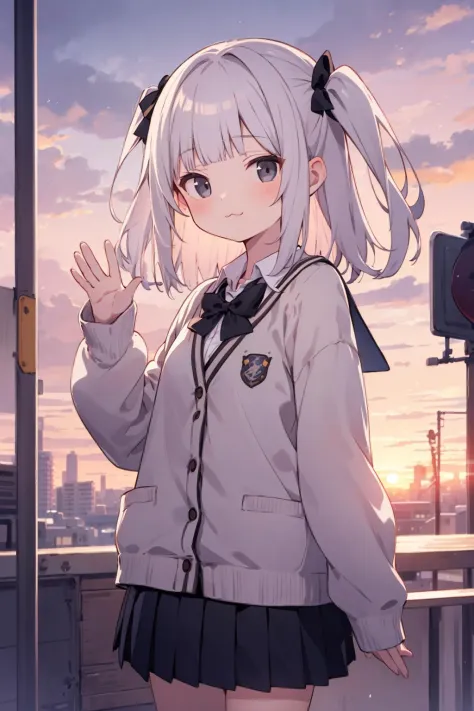 1girl, (sunset sky), standing and waving, school zone, cityscape, scenery, school cardigan, (sleeves past wrists), brawn loafers...