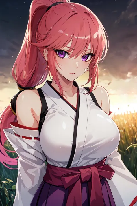 masterpiece, best quality, ultra-detailed, glistening shiny, glowing light, ray tracing, HDR, deph of field, (perfect face, detailed face), <lora:KayaBlanche:0.6>, 1girl, solo, kayablanche, purple eyes, low-tied long hair, ponytail, large breasts, miko, long skirt, hakama, outdoors