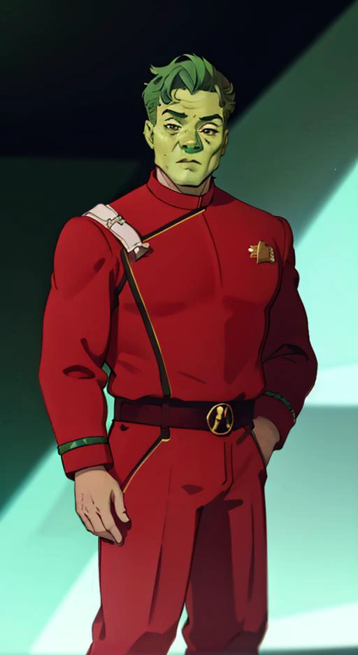 a cartoon of a man in a red uniform standing in front of a light