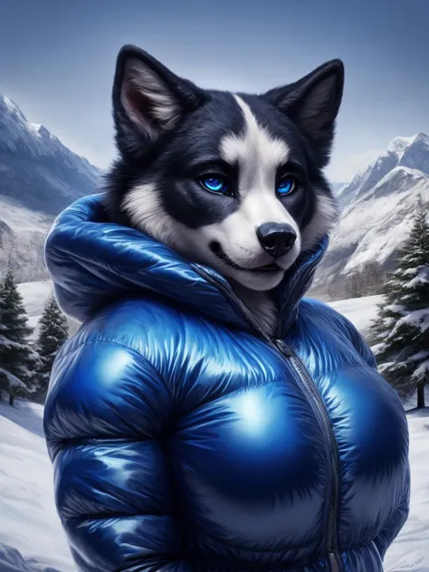 a close up of a dog wearing a blue jacket in the snow