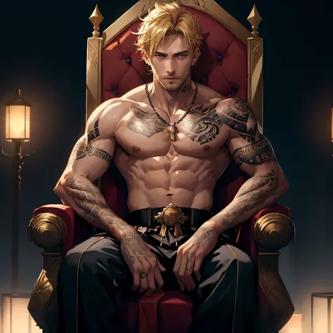 Hairy, handsome, king of the world, male, masculine, Caucasian, bro type, tattoos, wearing ceremony outfit, sitting on his thron...