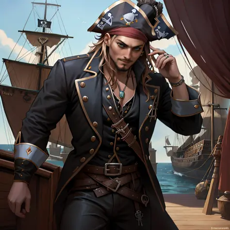 full body potrait of a photorealistic beautiful man, (aboard a pirate ship:1.50), intense coloration fantasy, light hair, a stun...