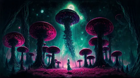 a man standing in front of a forest filled with mushrooms