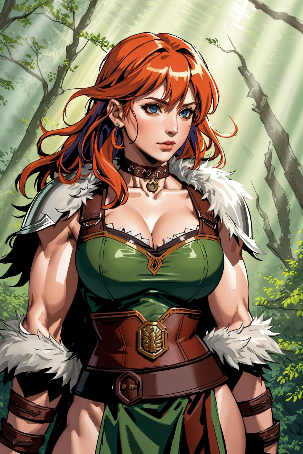 barbarian, amazon goddess, sexy armor, vivid colorful hair, pale skin, breasts, barbarian leather armor, choker minidress, savage power, light rays, god rays, furry armor, Jurassic, forest, leaves, muscular, bodybuilder, realistic