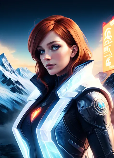 a woman in a futuristic suit standing in front of a mountain