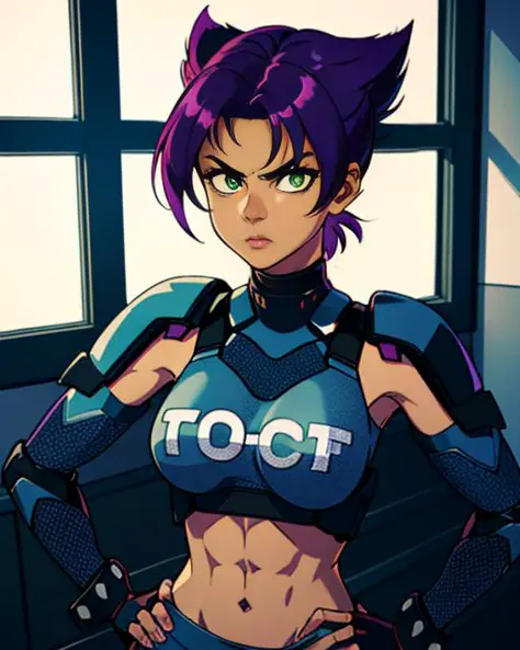 Kanoko, spiked hairstyle, purple hair,  (dark-skinned,)  green eyes,makeup, (solo1:2) , serious expression, covered abs, standing, close up,  upper body, hands on hip
KanArmor, navy blue tight bodysuit ,grey shoulder pads, grey knee pads,,fingerless gloves,cybercop,
cyber police station,  window, midnight,
(insanely detailed, beautiful detailed face, masterpiece, best quality)     <lora:Kanoko-10V2:0.7>