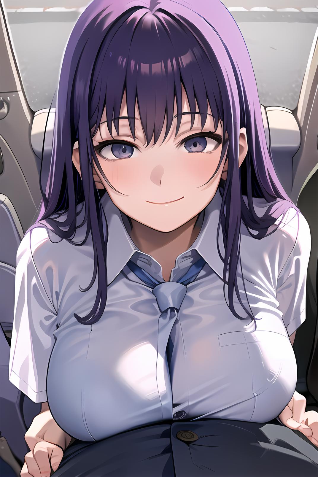 Anime girl with purple hair and blue eyes sitting in a car - SeaArt AI