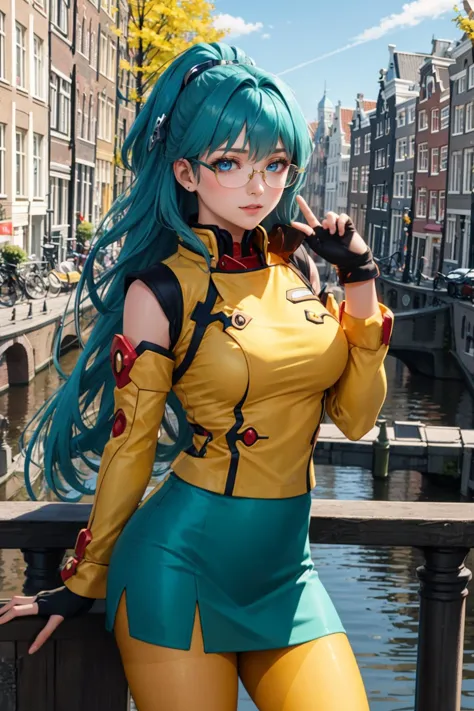 masterpiece, best quality,  glamour srwangelica, hair intakes, hair ornament, blue eyes, glasses, yellow uniform, detached sleeves, yellow skirt, pantyhose, fingerless gloves, Amsterdam, Netherlands