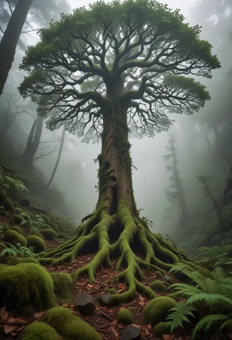 (medium full shot) of (verdant tree) with hollow brown bark, small round leaves, twisted branches, fibrous roots, seed pods, bioluminescent fungi, located in  a misty mountain, with steep slopes covered in dense forest, a soft mist hanging in the air, an air of mystery and adventure, Masterpiece,best quality, photo, realistic, very aesthetic,