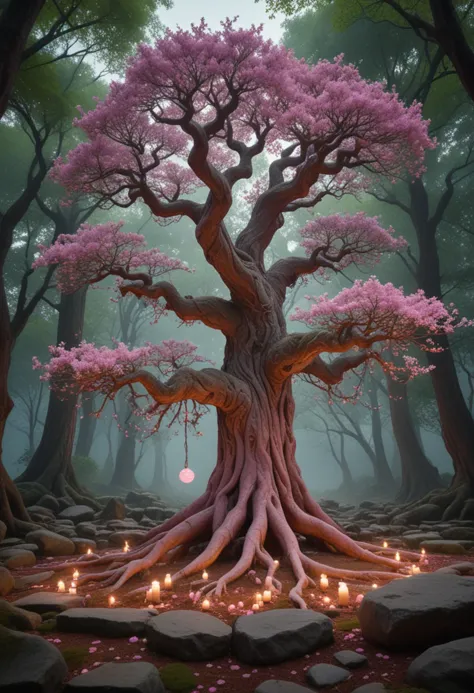 (medium full shot) of (ancient tree) with twisted pink bark, delicate blossoms, sturdy branches, aerial roots, blossoms, glowing...