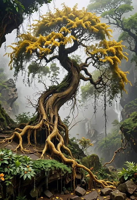 (medium full shot) of (exotic tree) with twisted golden bark, needle-like leaves, weeping branches, exposed roots, fragrant flow...