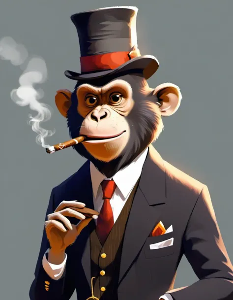 r4y, flatee, shadee, character, a monkey elegantly dressed, smoking a cigar, monocle, hat<lora:DIGIXL_0.1_RC:0.7>
