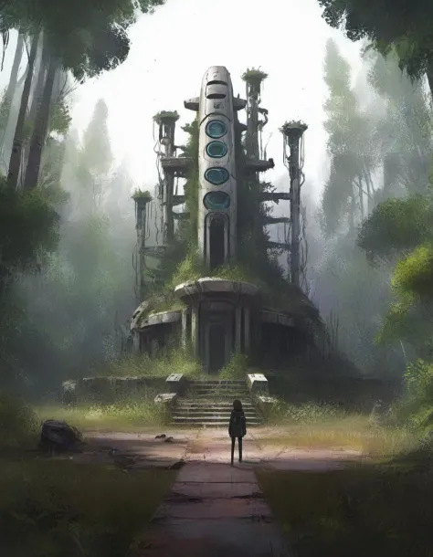 r4y, flatee, shadee, character, a futuristic temple made of metal ruin in the middle of a forest, overgrown, abandoned, destroye...