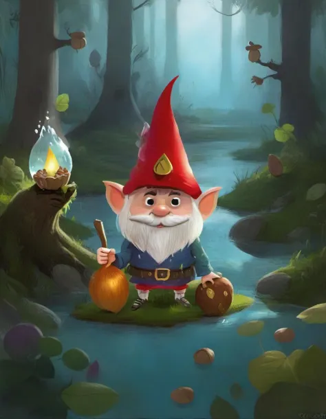r4y, flatee, shadee, character, a gnome holding an acorn in a fantasy dreamland, forest, water, surreal,  <lora:DIGIXL_0.1_RC:0....