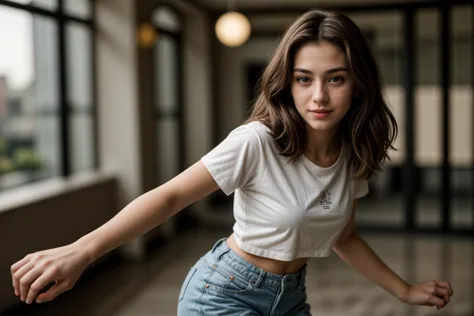 photo of a 18 year old girl,dancing,happy,shirt,pants,ray tracing,detail shadow,shot on fujifilm x-t4,85mm f1.2,sharp focus,dept...