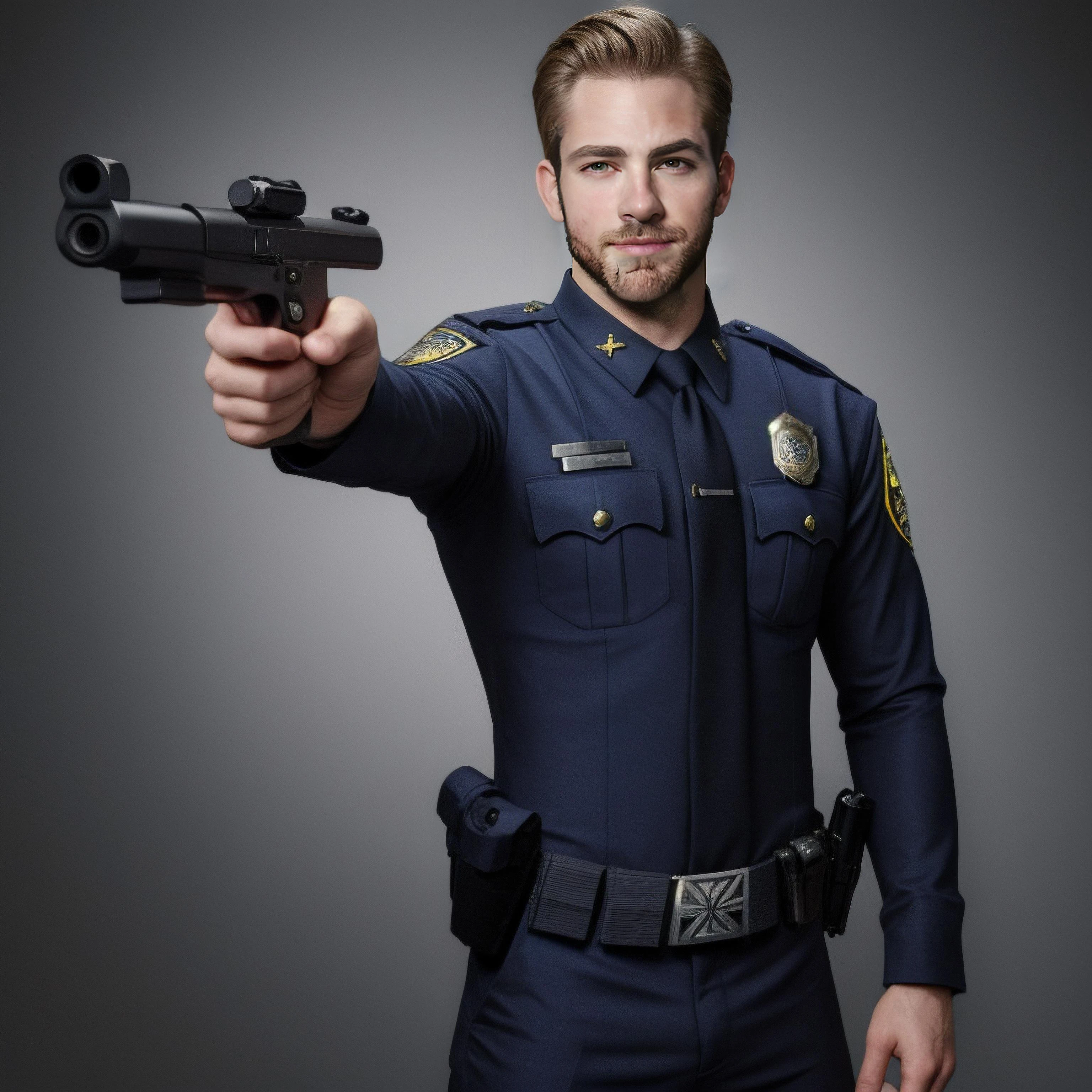Chris Pine, face, male, body, police outfit, gun on waist, pointing forward, police pose