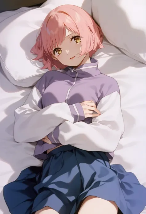 anime girl laying on a bed with her arms crossed