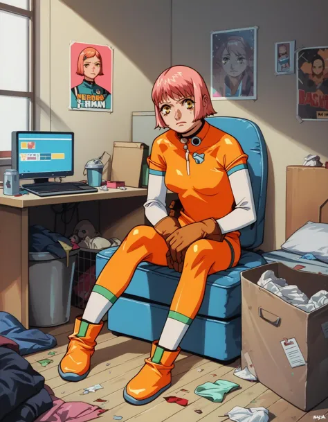 score_9,  score_8_up, score_7_up
<lora:Yasuomi Umetsu_XL_PONY:0.8> rating_general, 
<lora:mikura-ponyxl-000030:0.6> mikuraova, yellow eyes, orange hair, pink hair, bodysuit, gloves, 1girl, solo, sitting, caught, messy room, bedroom, poster, trash can, computer, looking at viewer, embarrassed