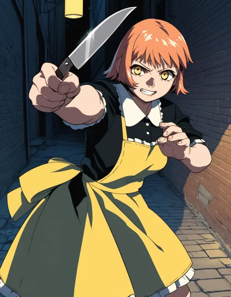 anime girl in yellow dress holding a knife in a alley