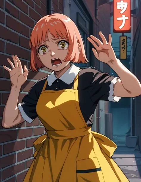 anime girl in yellow dress standing in alley with brick wall