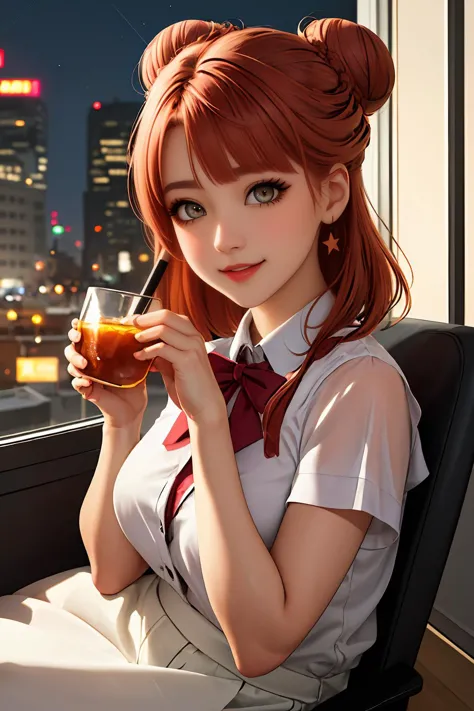 anime girl with red hair and a white shirt holding a drink