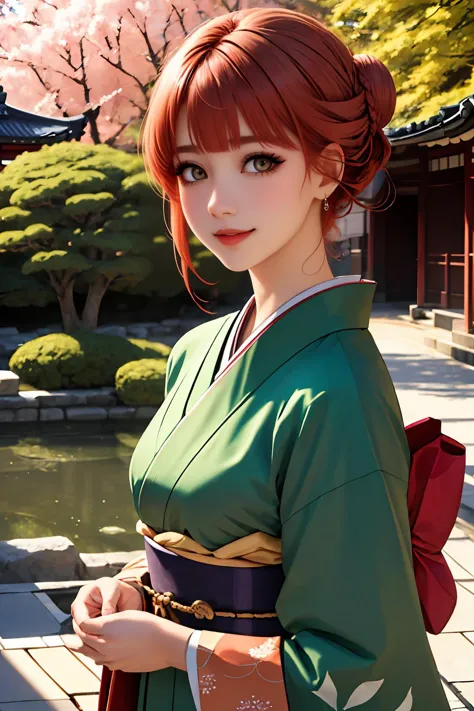 anime girl in green kimono with red hair and a red backpack