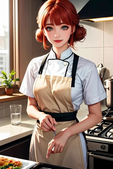 anime girl in apron preparing food in kitchen with window