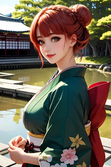 anime girl in kimono outfit posing for picture by water