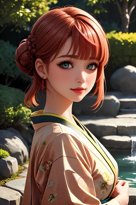 anime girl with red hair and blue eyes posing in front of a fountain