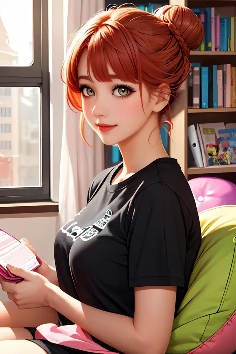 anime girl with red hair reading a book in a room