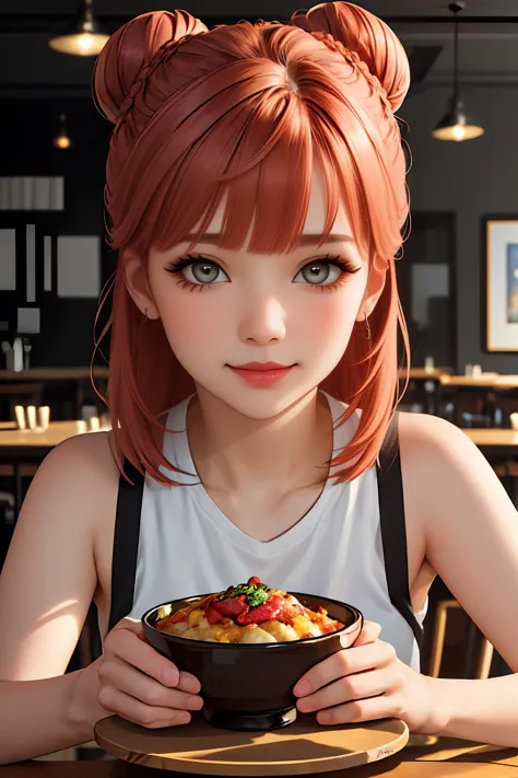 anime girl with red hair holding a bowl of food in front of her