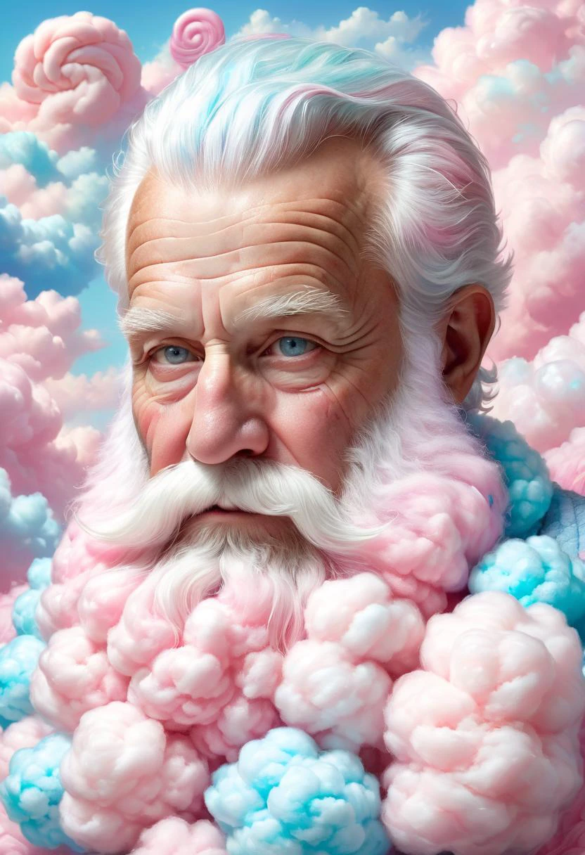 cottoncandy  photo, of an old man with a long beard made out of cotton candy, up close, extremely detailed, cotton candy beard