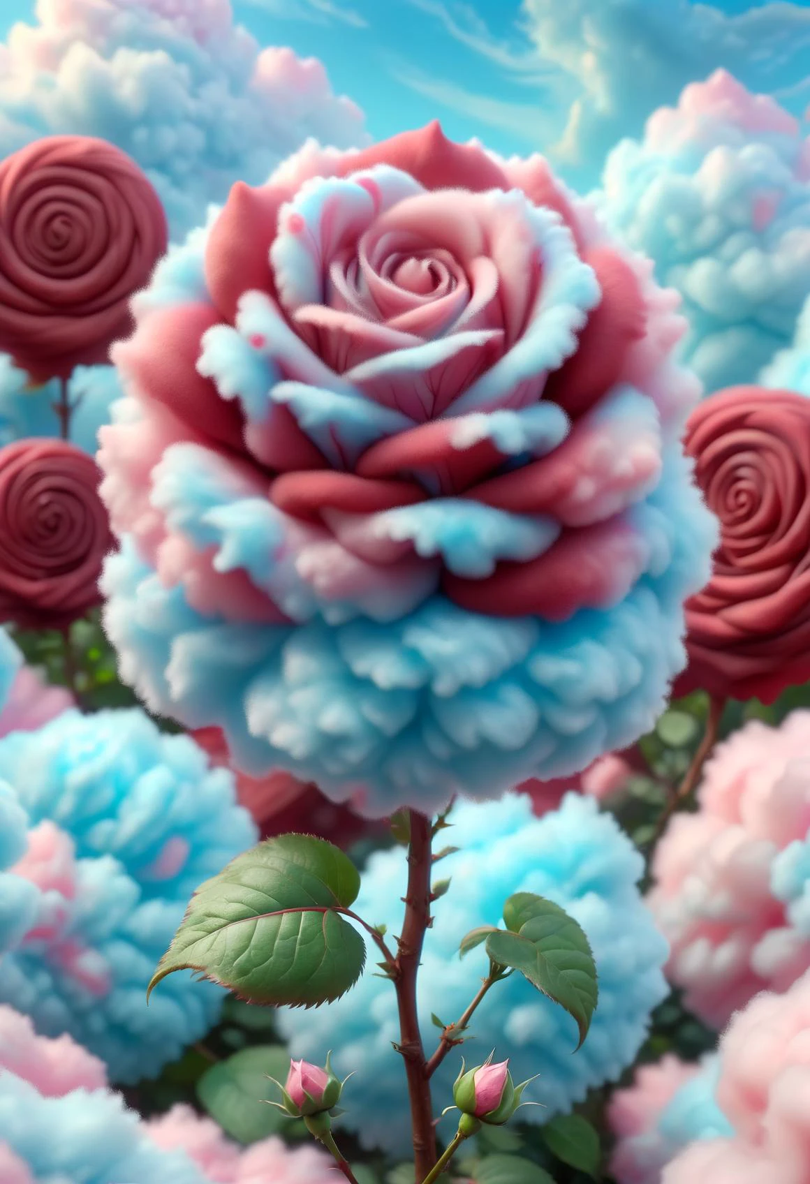 cottoncandy rose bush, extremely detailed, macro photo, fluffy petals, dark red swirled with light blue, high quality, beautiful, elegant, cinematic