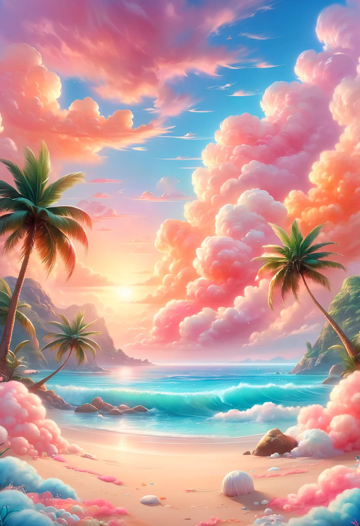 cottoncandy ((sea bay)), beach, palm tree, sunset, orange sky, cloud, (masterpiece),((ultra-detailed)), (highly detailed CG illustration),(expressionless), (best quality:1.2), High quality texture, intricate details, detailed texture, High quality shadow, Cinematic Light, Depth of field, light source contrast, perspective,20s,