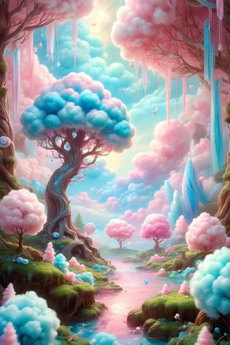 <lora:SDXLCottonCandy:1>,cottoncandy,
In a dreamlike realm stands a colossal tree with cotton candy-like foliage,beneath which exists a whimsical mini-ecosystem. Towering branches of this magical tree filter through dazzling rays of light,weaving an enchanting world of fairy tale illumination. Surrounding the grand tree are mythical creatures such as unicorns and phoenixes,amidst a wonderland where peculiar plants like candy vines and crystal fruits flourish. This scene seamlessly blends nature with fantasy,resembling a fantastical painting brought to life from dreams,
UHD,Extreme detail,natural light,volume light,fantasism,professional color,professional composition,colorful,