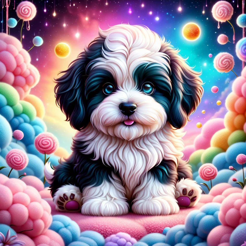 A chubby, adorable, furry little black and white sheepadoodle dog with anthropomorphic design, rich expressions including happiness, staring, and silly smiles, in a 3D plush style against a rainbows, background is a tie dye design, intertwining, a burning realistic pink and blue sun, realistic flames, burning, cyborg, black and white fractal spirals, tiny details, plants, octopus tentacles, honeycomb pattern, sacred geometry on skin, flower of life, psychedelic, visionary art, extremely detailed, hyperealistic, crisp, 8K upscaled to max, dark, horror, sunflowers, masterpiece, polkadots, cinematic background. It has a slightly fluffy, cartoon-style with minimalist elements. cottoncandy
