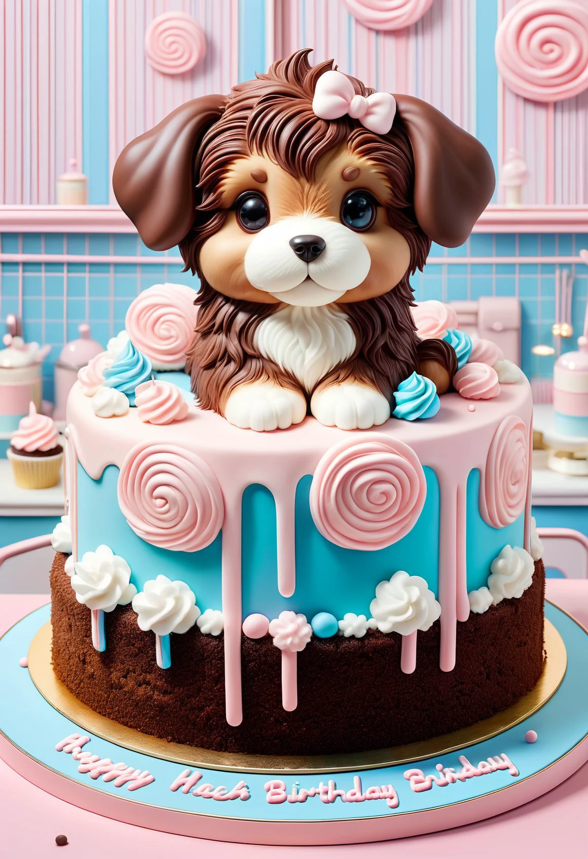 Cottoncandy, un hermoso pastel de cumpleaños de chocolate con forma de cachorro., Profesional, alta calidad, Muy bonita, kawaii, 8K, adorable,
