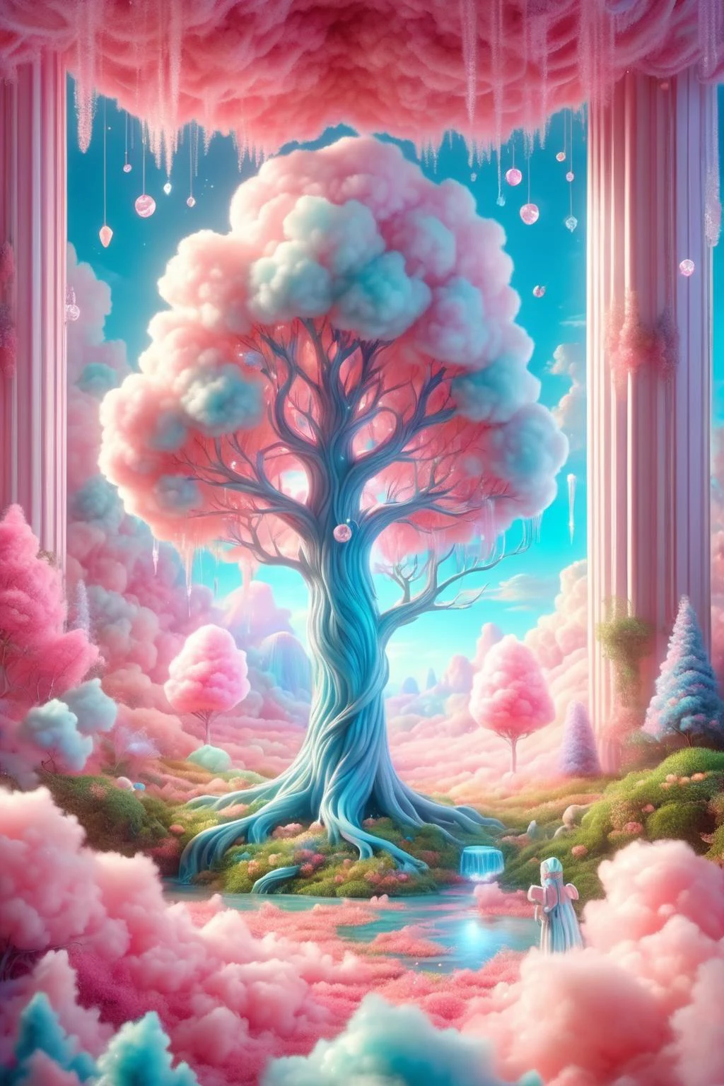 cottoncandy,
In a dreamlike realm stands a colossal tree with cotton candy-like foliage,beneath which exists a whimsical mini-ecosystem. Towering branches of this magical tree filter through dazzling rays of light,weaving an enchanting world of fairy tale illumination. Surrounding the grand tree are mythical creatures such as unicorns and phoenixes,amidst a wonderland where peculiar plants like candy vines and crystal fruits flourish. This scene seamlessly blends nature with fantasy,resembling a fantastical painting brought to life from dreams,
UHD,Extreme detail,natural light,volume light,fantasism,professional color,professional composition,colorful,