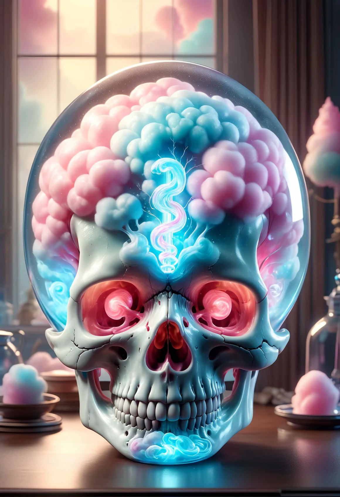 cottoncandy brain inside of a transparent glass skull elegant, highly detailed, sharp focus, beautiful light, epic composition, cinematic, pristine, vibrant,