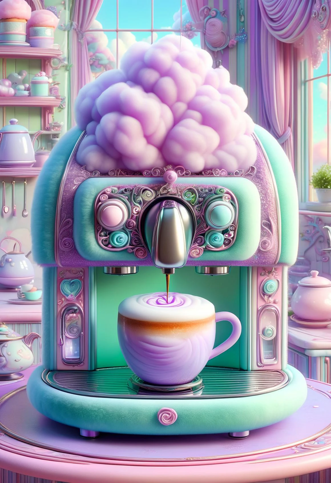 cottoncandy an elegant coffee machine made out of purple and light green cotton candy inside of a whimsical fairy kitchen, extremely cute, high quality, detailed, beautiful, vibrant colors