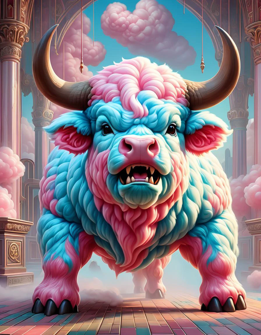 dreamscape Capture the ferocity of a menacing cottoncandy bull preparing to charge in a breathtakingly detailed 3D model. The animal's nostrils flare wildly, releasing billows of hot, damp air indicative of its pent-up rage. Steam rises from its snout, dissipating slowly into the cool atmosphere, intensifying the already charged ambiance. Muscles tense as the beast readies itself for attack, hooves digging into dirt strewn flooring. Furrowed brows outline bulging, inflamed eyes burning with barely contained fury. Veins protrude ominously along neck ridges, betraying underlying turbulence. Every minutiae of this encounter must be rendered faithfully, magnifying the intimidating magnitude of this ancient ritual. . surreal, ethereal, dreamy, mysterious, fantasy, highly detailed, 