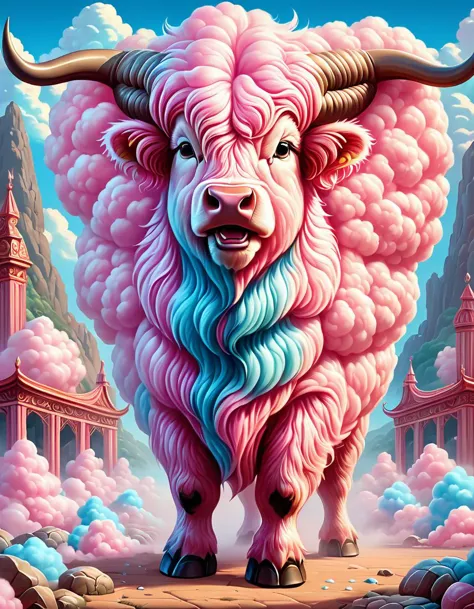 dreamscape Capture the ferocity of a menacing cottoncandy bull preparing to charge in a breathtakingly detailed 3D model. The an...