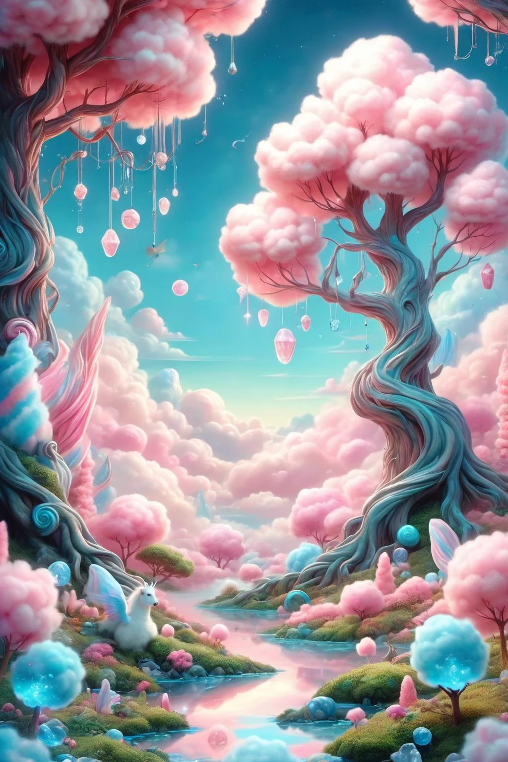 cottoncandy,
In a dreamlike realm stands a colossal tree with cotton candy-like foliage,beneath which exists a whimsical mini-ecosystem. Towering branches of this magical tree filter through dazzling rays of light,weaving an enchanting world of fairy tale illumination. Surrounding the grand tree are mythical creatures such as unicorns and phoenixes,amidst a wonderland where peculiar plants like candy vines and crystal fruits flourish. This scene seamlessly blends nature with fantasy,resembling a fantastical painting brought to life from dreams,
UHD,Extreme detail,natural light,volume light,fantasism,