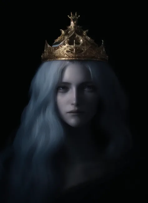 a woman with a crown on her head and long white hair