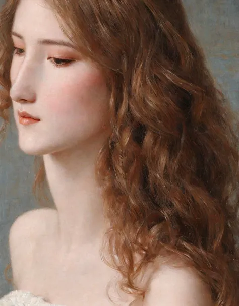 a close up of a woman with long hair wearing a white dress