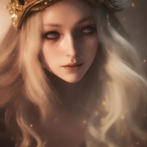 a close up of a woman with a crown on her head