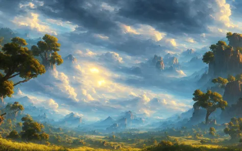 widescreen scenery in sky thunderstorm, mountains, cumulus clouds, sparkle, long shot, elden ring style